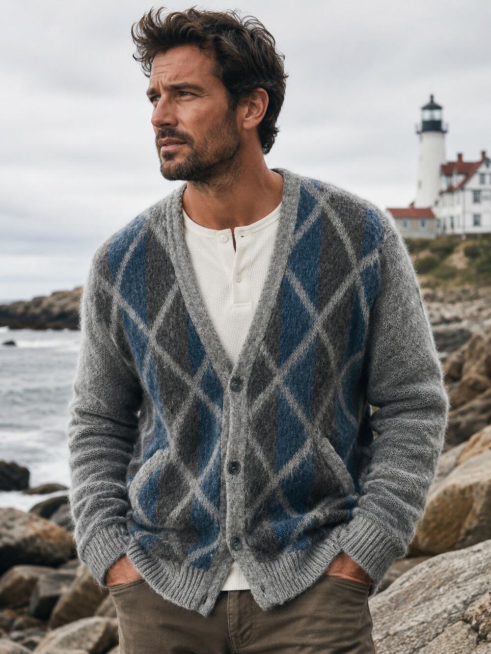 IceWare Mens Cardigan Sweater L Argyle Gray Blue Iceland Wool Prep Outdoor